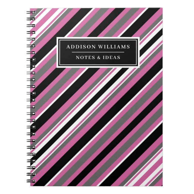 Caderno Espiral Padrão de Stripe Branca Preta de Nome Personalizad (Frente)