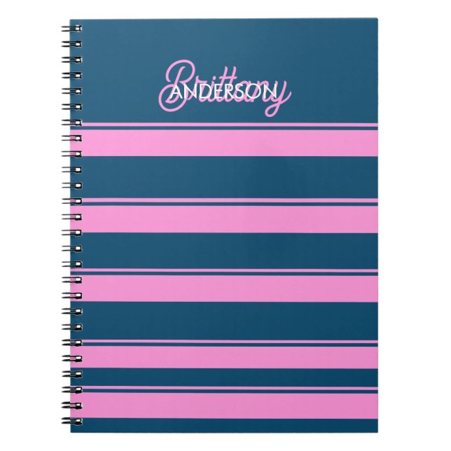 Caderno Espiral Padrão de Stripes Azul e Rosa Personalizado (Frente)