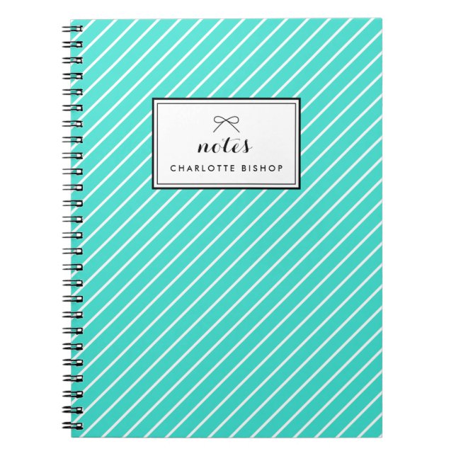 Caderno Espiral Padrão de Stripes Diagonais Turquesa Personalizado (Frente)