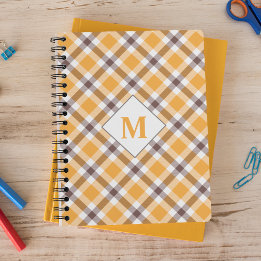 Caderno Espiral Padrão de Tartan de Xadrez Laranja Monograma Moder