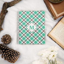 Caderno Espiral Padrão de Tartan Verde-Teal Moderno Monogramado