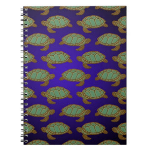 Caderno Espiral Padrão de Tartaruga Marinha Verde em Azul