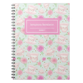 Caderno Espiral Padrão de Tea de Rosa Floral Rosa Personalizado