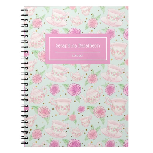 Caderno Espiral Padrão de Tea de Rosa Floral Rosa Personalizado (Frente)