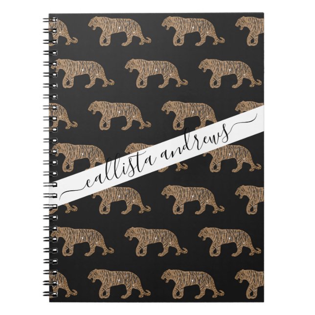 Caderno Espiral Padrão de Tigre Dourado Glitter Negro Fashionista (Frente)