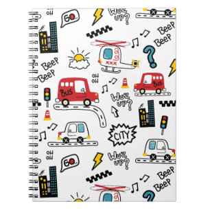 Caderno Espiral Padrão de Transporte Divertido para Crianças