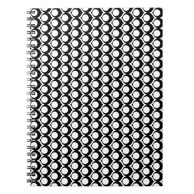 Caderno Espiral Padrão de Treliça de Círculo Branco Preto Moderno  (Frente)