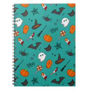 Caderno Espiral Padrão de Turquesa de Halloween de estilo plano.