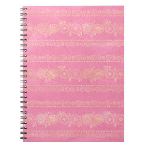 Caderno Espiral Padrão de Unicórnio Boêmio Rosa e Dourado
