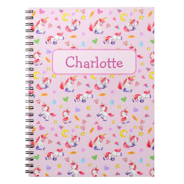 Caderno Espiral Padrão de Unicórnio Whimsical Personalizado (Frente)
