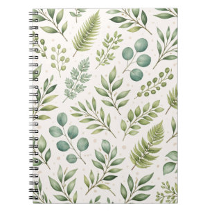 Caderno Espiral Padrão de Vegetação em Aquarela Folhas Botânicas