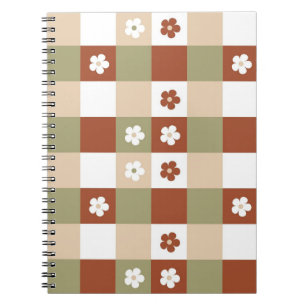 Caderno Espiral Padrão de Verificação de Gingham da Flor de Outono