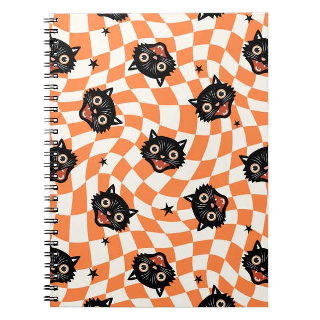 Caderno Espiral Padrão de Verificação de Laranja de Gato Preto Ret (Frente)