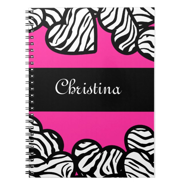 Caderno Espiral Padrão de zebra preto-e-rosa-quente e branco (Frente)