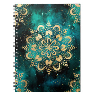 Caderno Espiral Padrão Dharma Mandala da Galáxia Dourada e Verde 