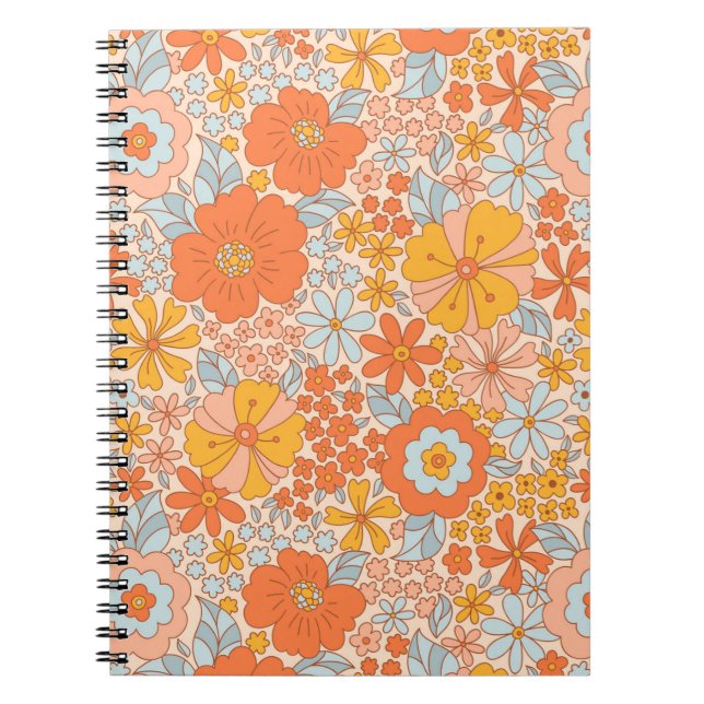 Caderno Espiral Padrão do Flor Retro Laranja (Frente)