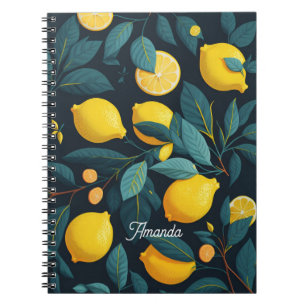 Caderno Espiral Padrão do jardim de limão. Fruta tropical amarela