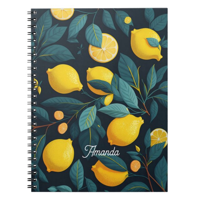 Caderno Espiral Padrão do jardim de limão. Fruta tropical amarela (Frente)