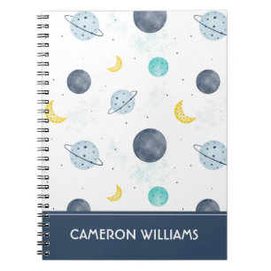 Caderno Espiral Padrão do Planeta Espacial Azul de Cores Aquáticas
