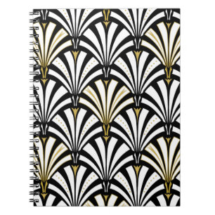 Caderno Espiral Padrão do ventilador Art Deco - preto e branco