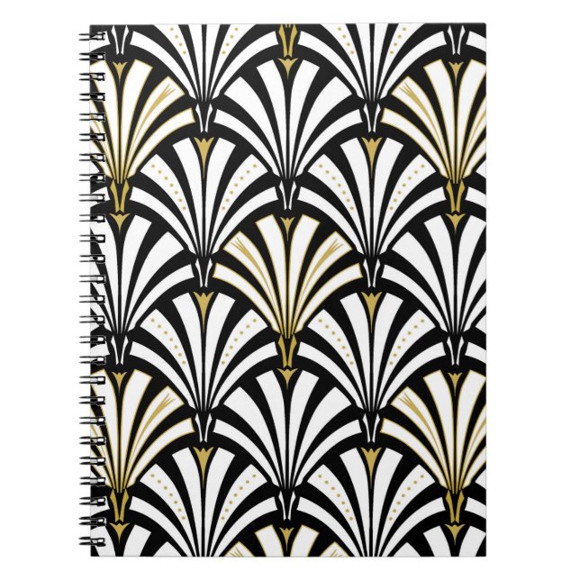 Caderno Espiral Padrão do ventilador Art Deco - preto e branco (Frente)