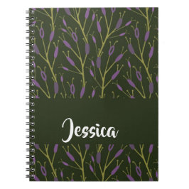 Caderno Espiral Padrão dos ramos florais roxos e verdes