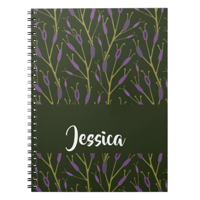 Caderno Espiral Padrão dos ramos florais roxos e verdes (Frente)
