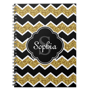 Caderno Espiral Padrão Dourado de Glitter Glitter Branco Preto