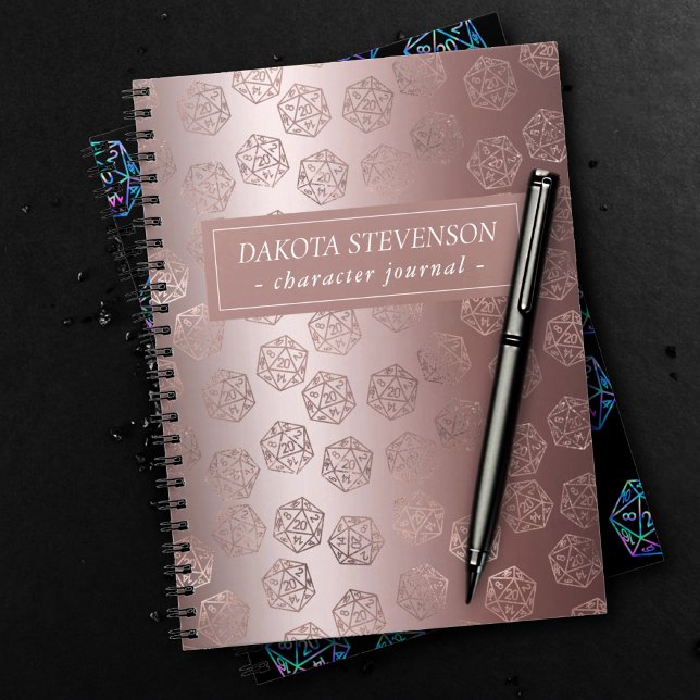 Caderno Espiral Padrão Dourado do rosa D20 | Girly Gamer Dice Char (Criador carregado)