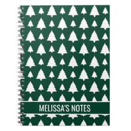 Caderno Espiral Padrão e Texto da Árvore de Natal Verde e Branco