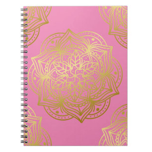 Caderno Espiral Padrão Elegante de Mandala Dourado e Rosa