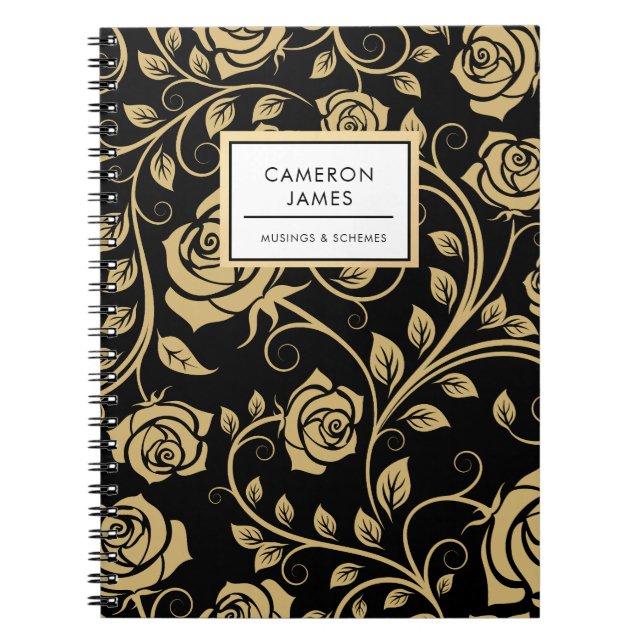 Caderno Espiral Padrão Elegante de Rosa preto e Dourado no estilo  (Frente)