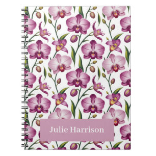 Caderno Espiral Padrão Elegante e Contínuo de Orquídea Roxa e Rosa
