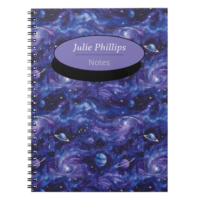 Caderno Espiral Padrão espacial com estrelas e planetas (Frente)