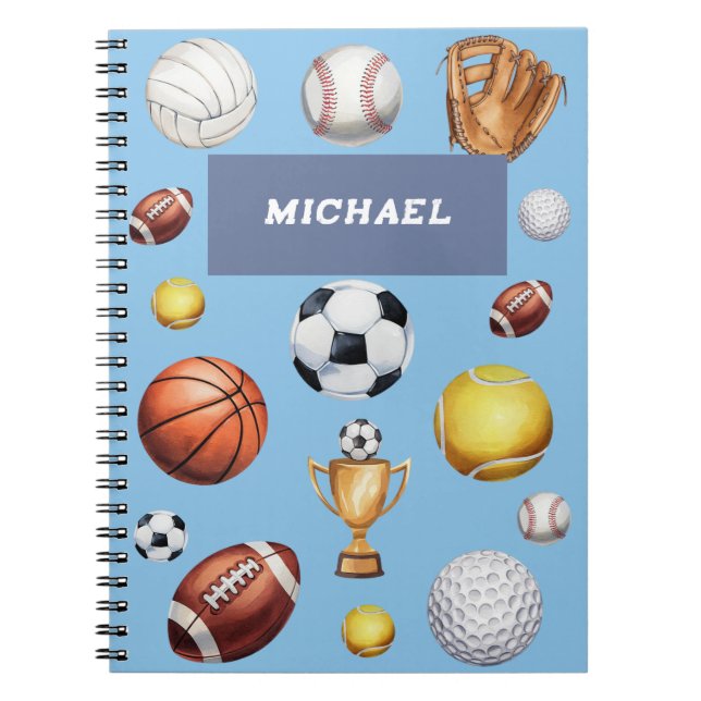 Caderno Espiral padrão esportes tema futebol tênis beisebol  (Frente)