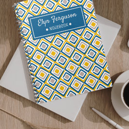 Caderno Espiral Padrão Étnico Azul do Nome Personalizado bonito