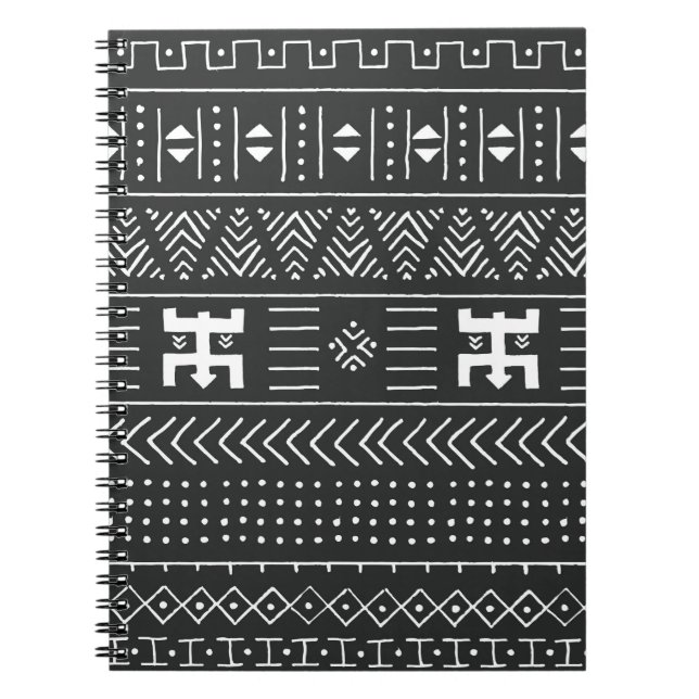 Caderno Espiral Padrão étnico tribal negro e branco com geometr (Frente)