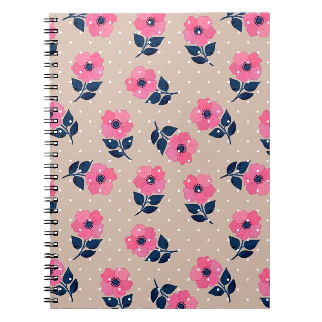 Caderno Espiral Padrão Feminino de Beige Rosa Floral Trendy (Frente)