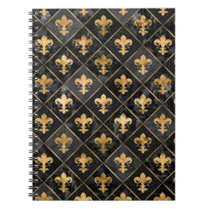 Caderno Espiral Padrão Fleur-de-lis Marble Preto e Dourado