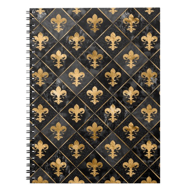 Caderno Espiral Padrão Fleur-de-lis Marble Preto e Dourado (Frente)
