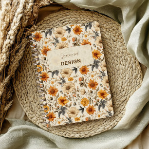 Caderno Espiral Padrão Flor Silvestre Seca Vintage Creme Laranja M
