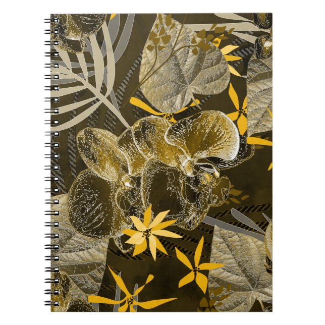 Caderno Espiral Padrão floral amarelo-acastanhado de aquarelas. (Frente)