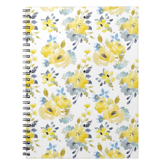 Caderno Espiral Padrão Floral Amarelo de Aquarela (Frente)