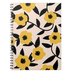 Caderno Espiral Padrão Floral Amarelo Minimalista com Folhas Preta