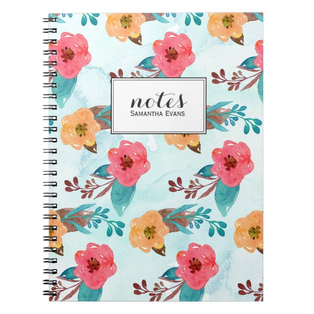 Caderno Espiral Padrão Floral Aqua Azul e Rosa (Frente)