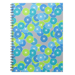 Caderno Espiral Padrão floral Art Deco - azul e verde limão