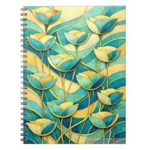 Caderno Espiral Padrão Floral Art Nouveau em Verde Água e Dourado