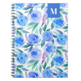 Caderno Espiral Padrão floral azul de aquarela. Flores de jardim