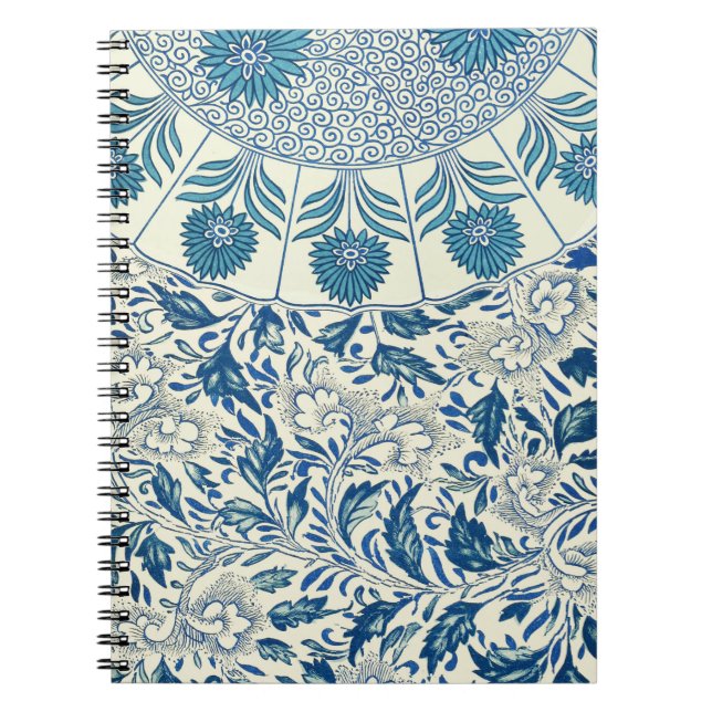 Caderno Espiral Padrão Floral Azul Design Asiático Antiquado (Frente)