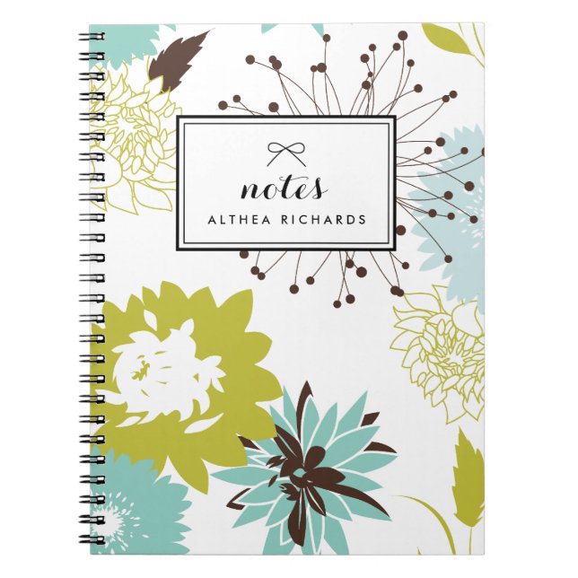 Caderno Espiral Padrão Floral Azul e Chartreuse Personalizado (Frente)